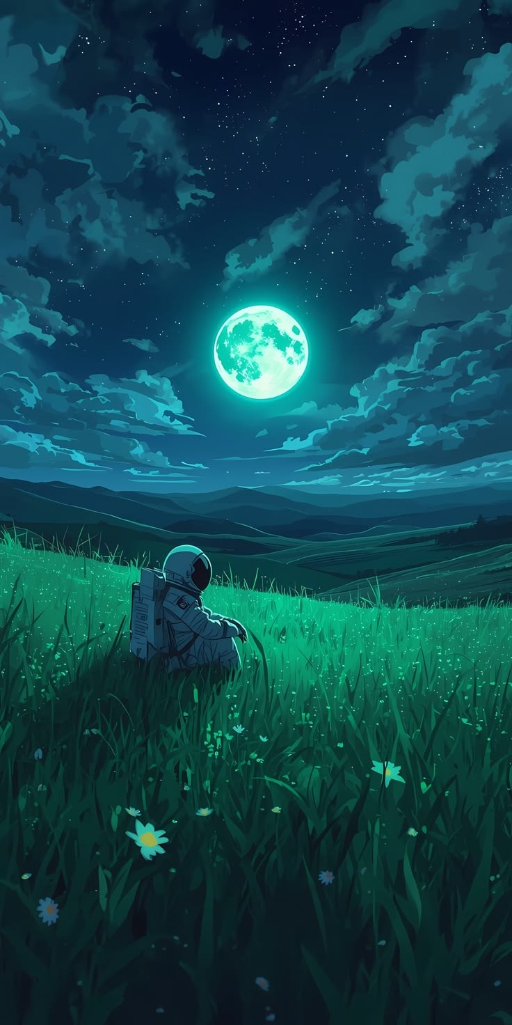 HD-Hintergrundbild eines Astronauten, der den Vollmond auf dem Gras ansieht