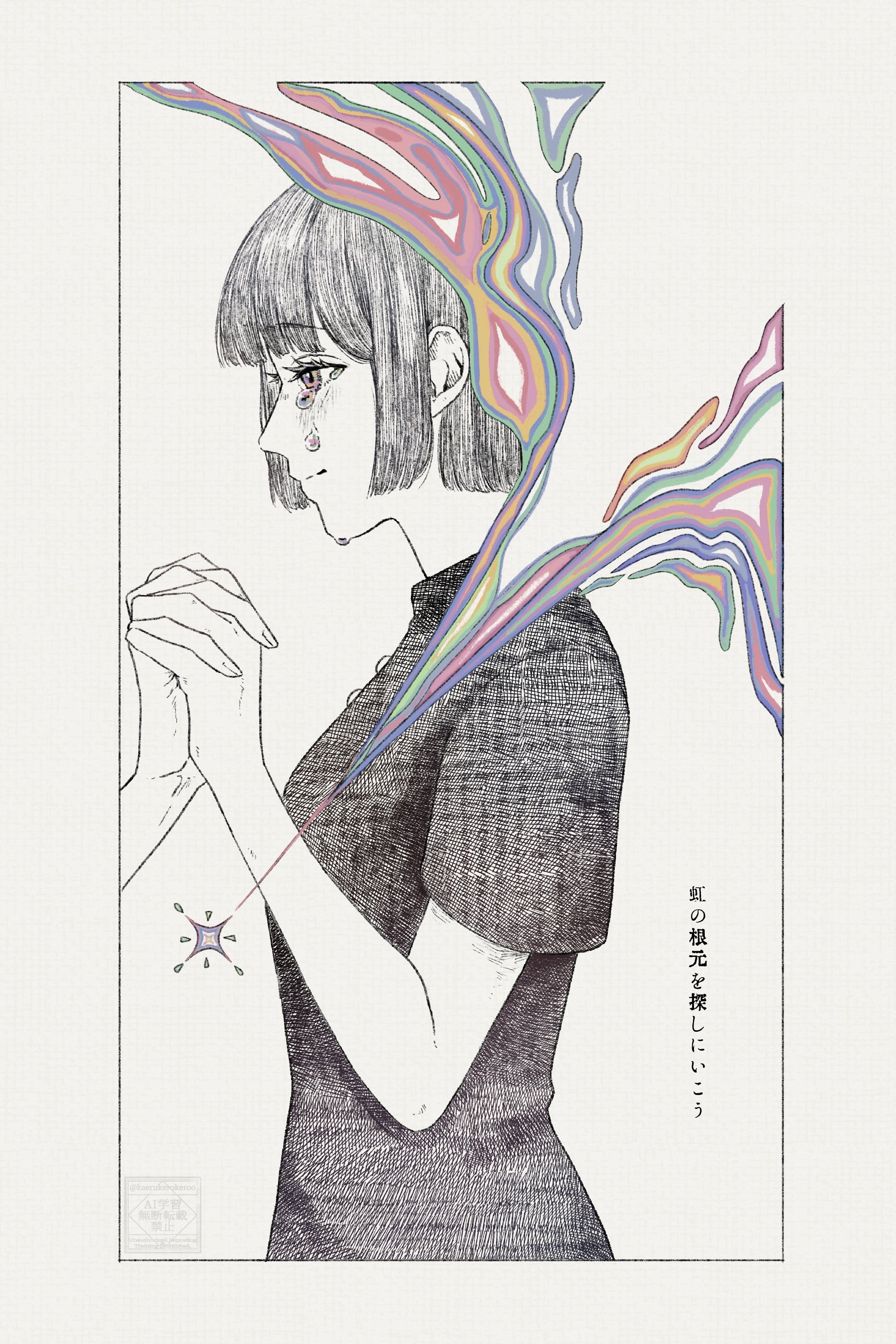 This illustration reflects a unique contemporary Japanese aesthetic blending manga-influenced linework with psychedelic surrealism