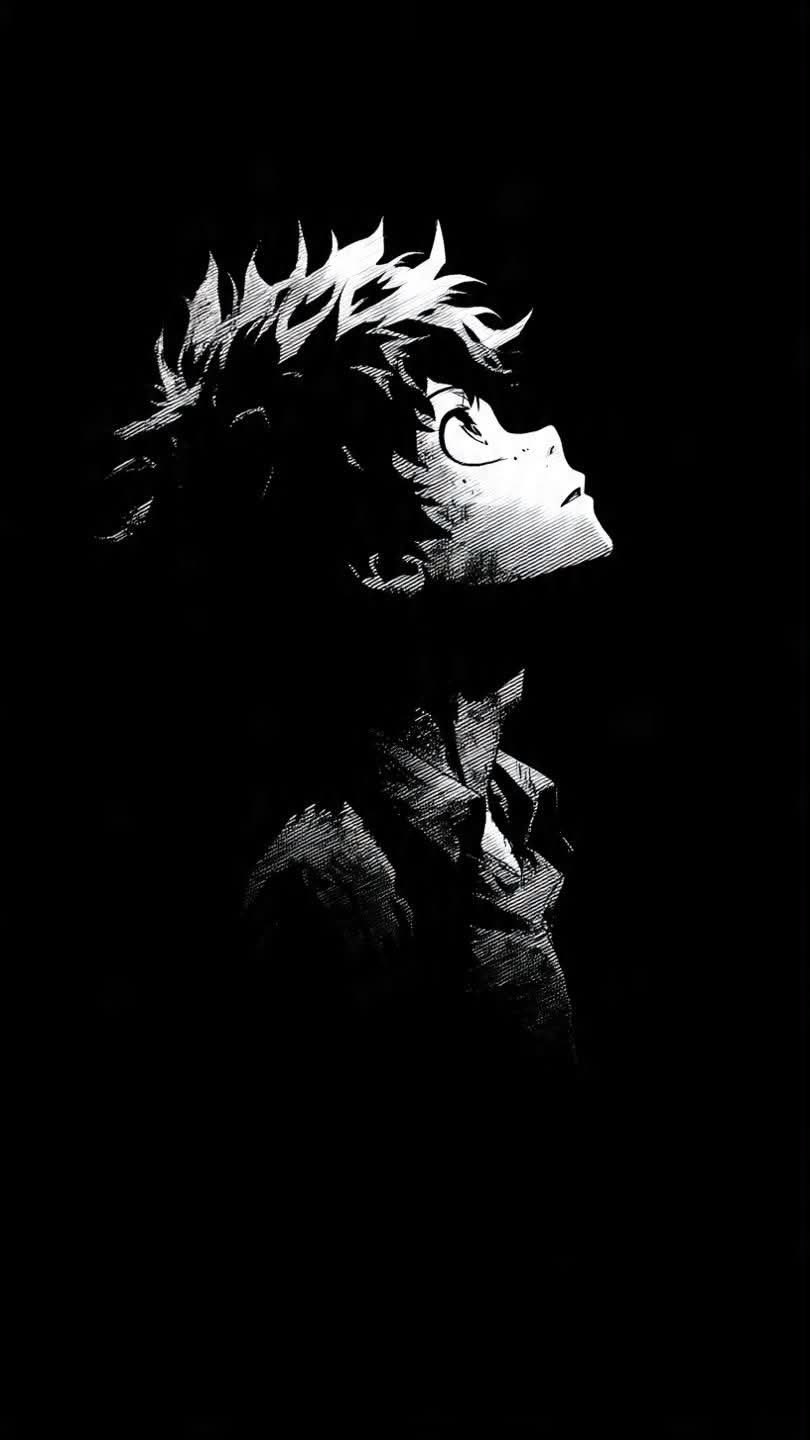 A high-contrast black-and-white stylized anime character