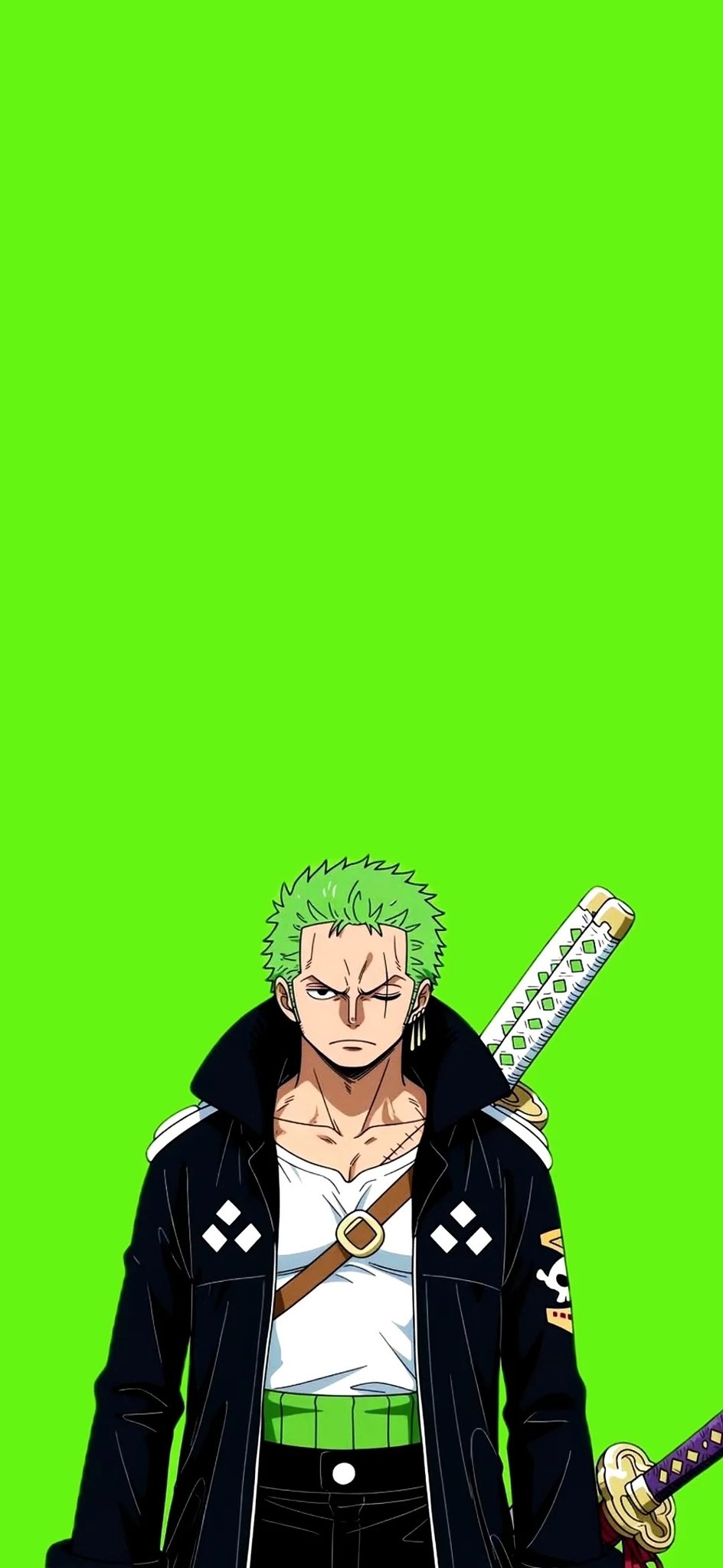 A stern warrior with vivid green hair embodies a mature style and tense confrontation