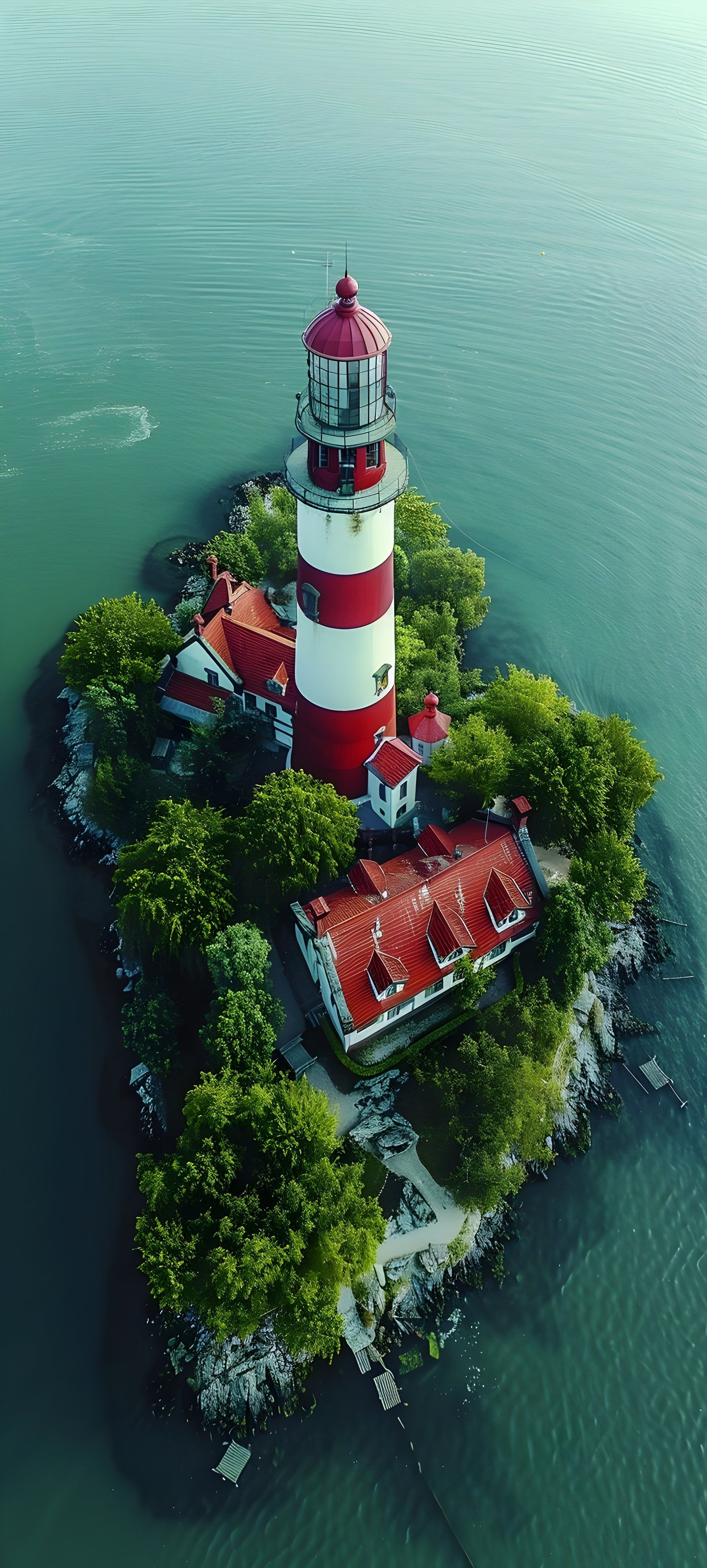Un phare classique rouge et blanc avec des bâtiments à toit rouge sur une île verdoyante entourée d'eaux calmes