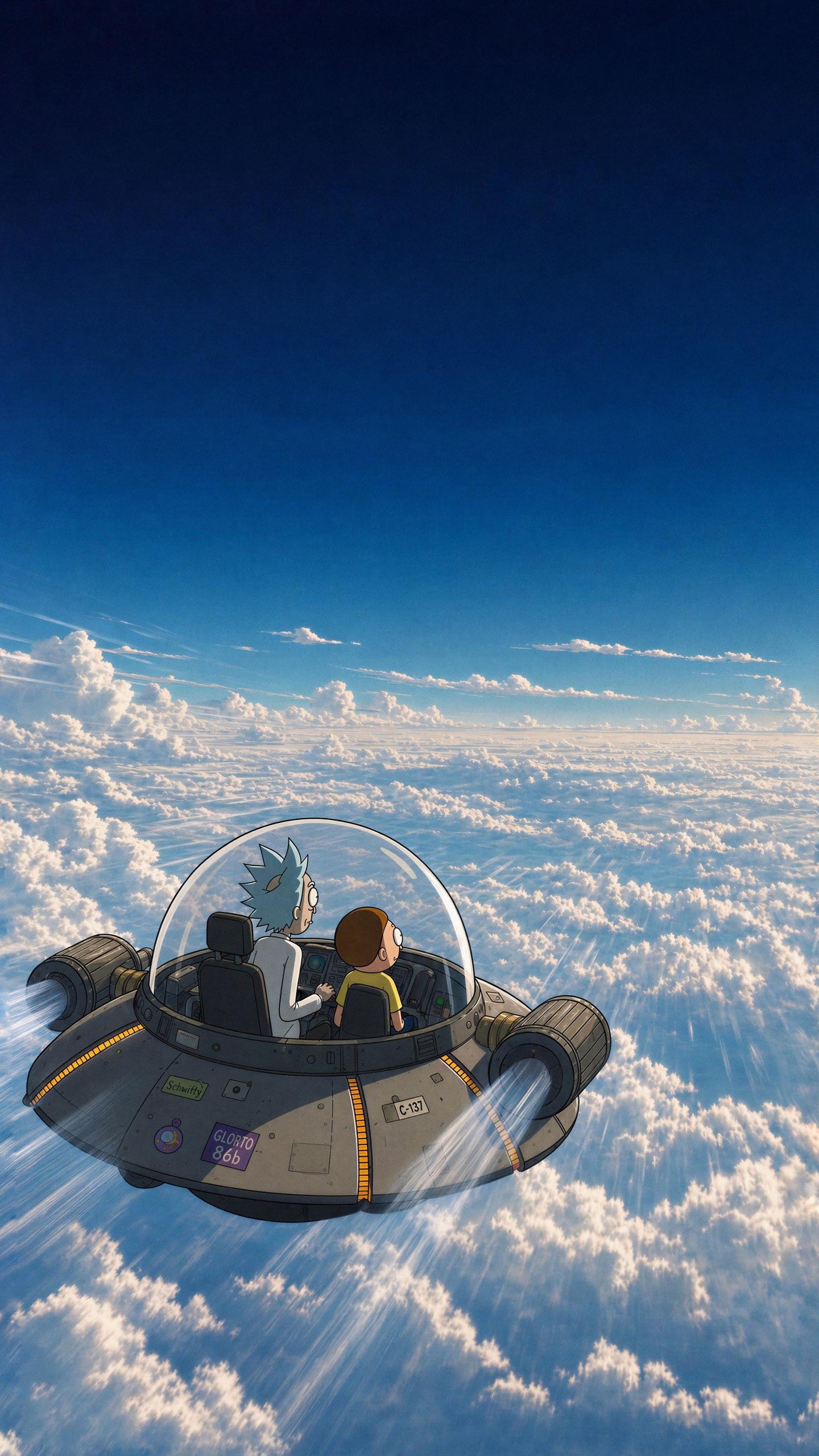 Sci-fi wallpaper of Rick and Morty traversing the cloud sea