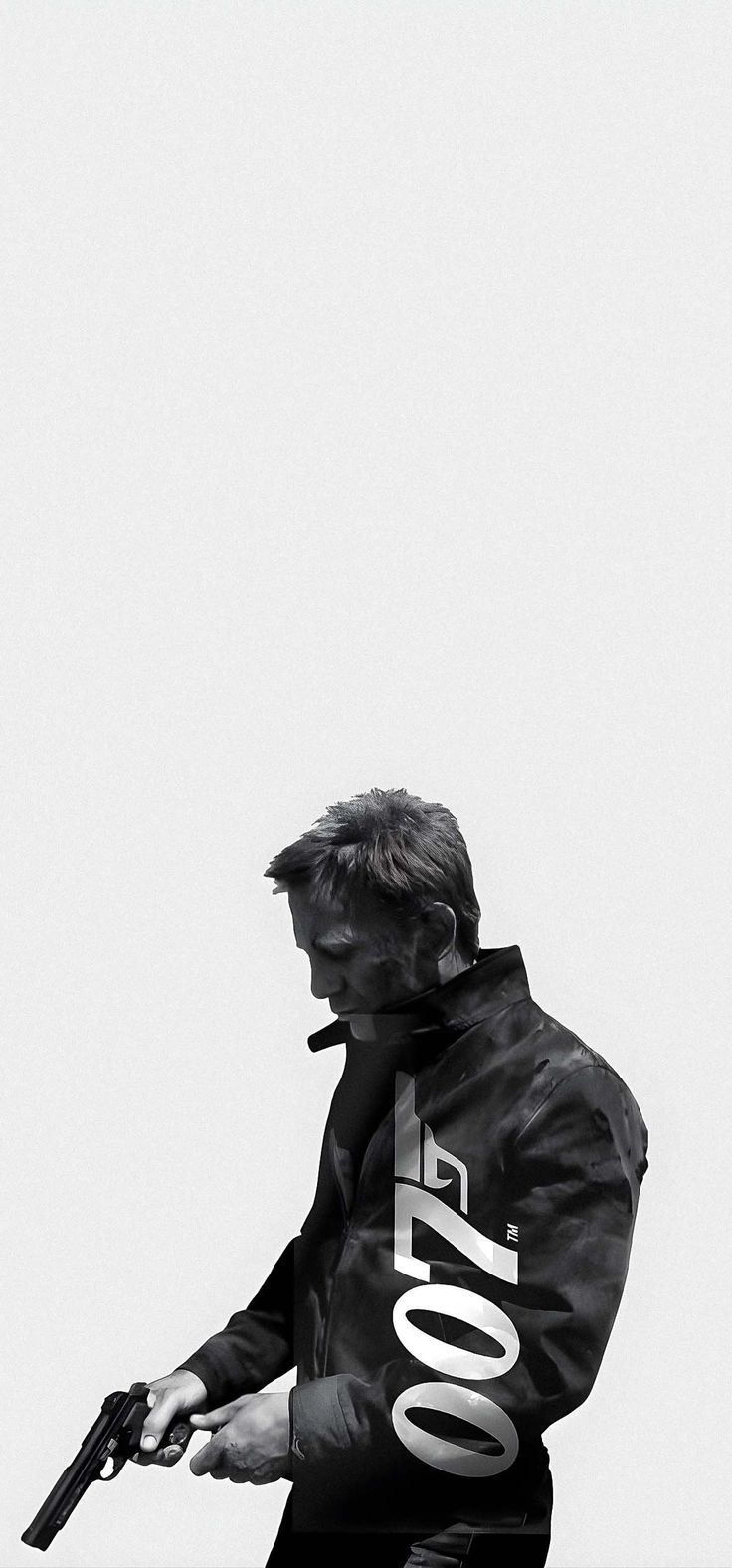 James Bond promo featuring a man in a dark leather jacket checking a handgun with the 007 logo on his torso
