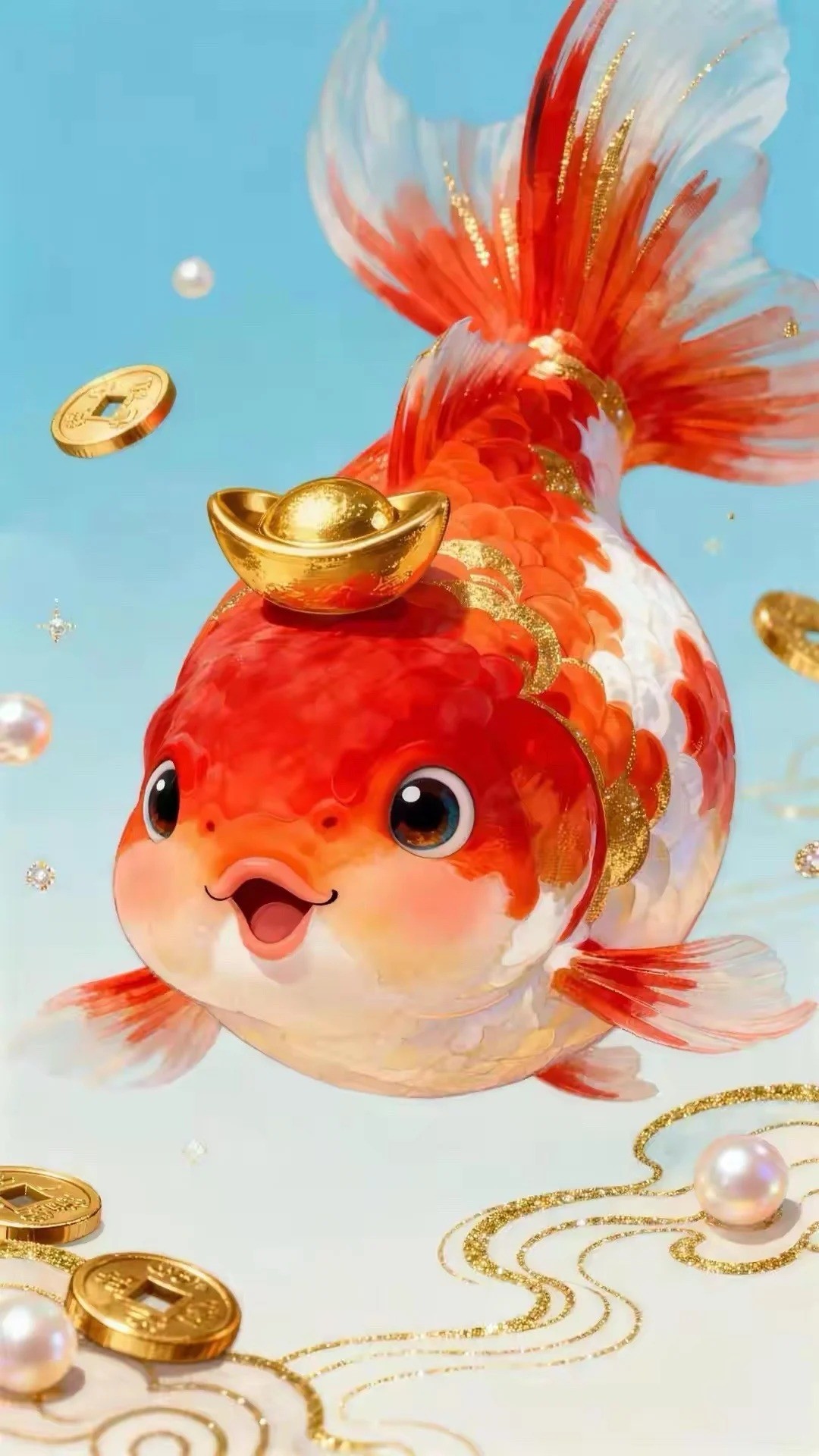 Pez dorado chibi con un lingote en la cabeza que simboliza la riqueza en una ilustración linda
