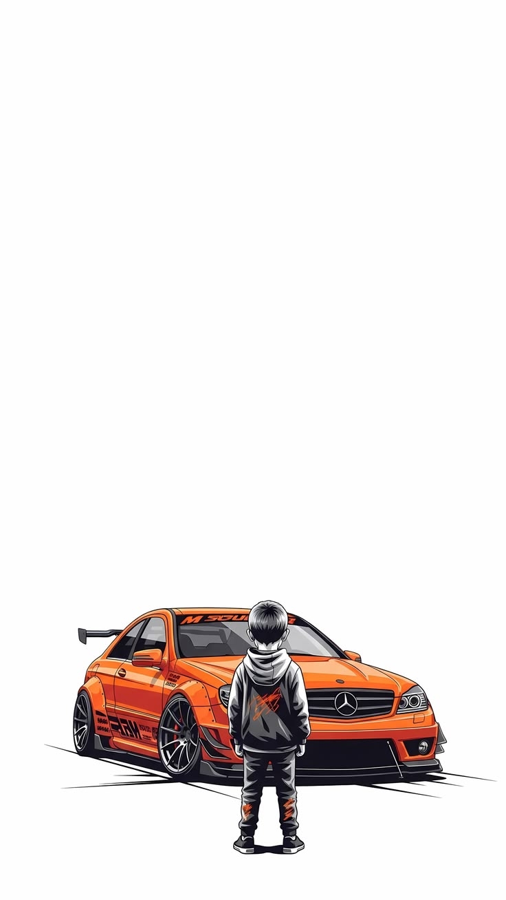 A boy's back facing an orange modified Mercedes embodies street cool and youthful dreams