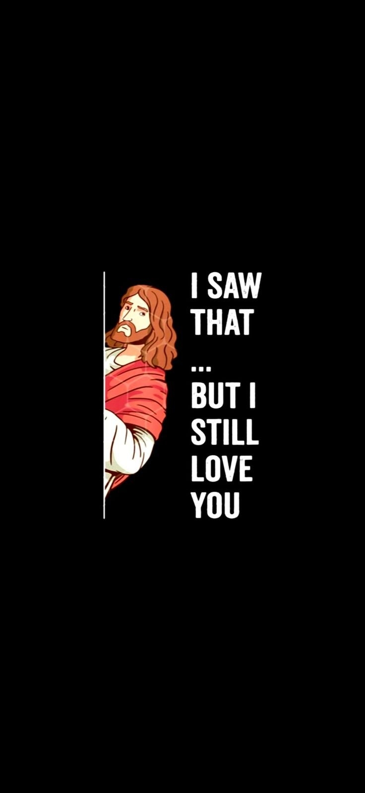 A cartoon woman with reddish-brown hair shows a surprised yet loving expression while peeking from behind a vertical white line, next to bold text expressing love