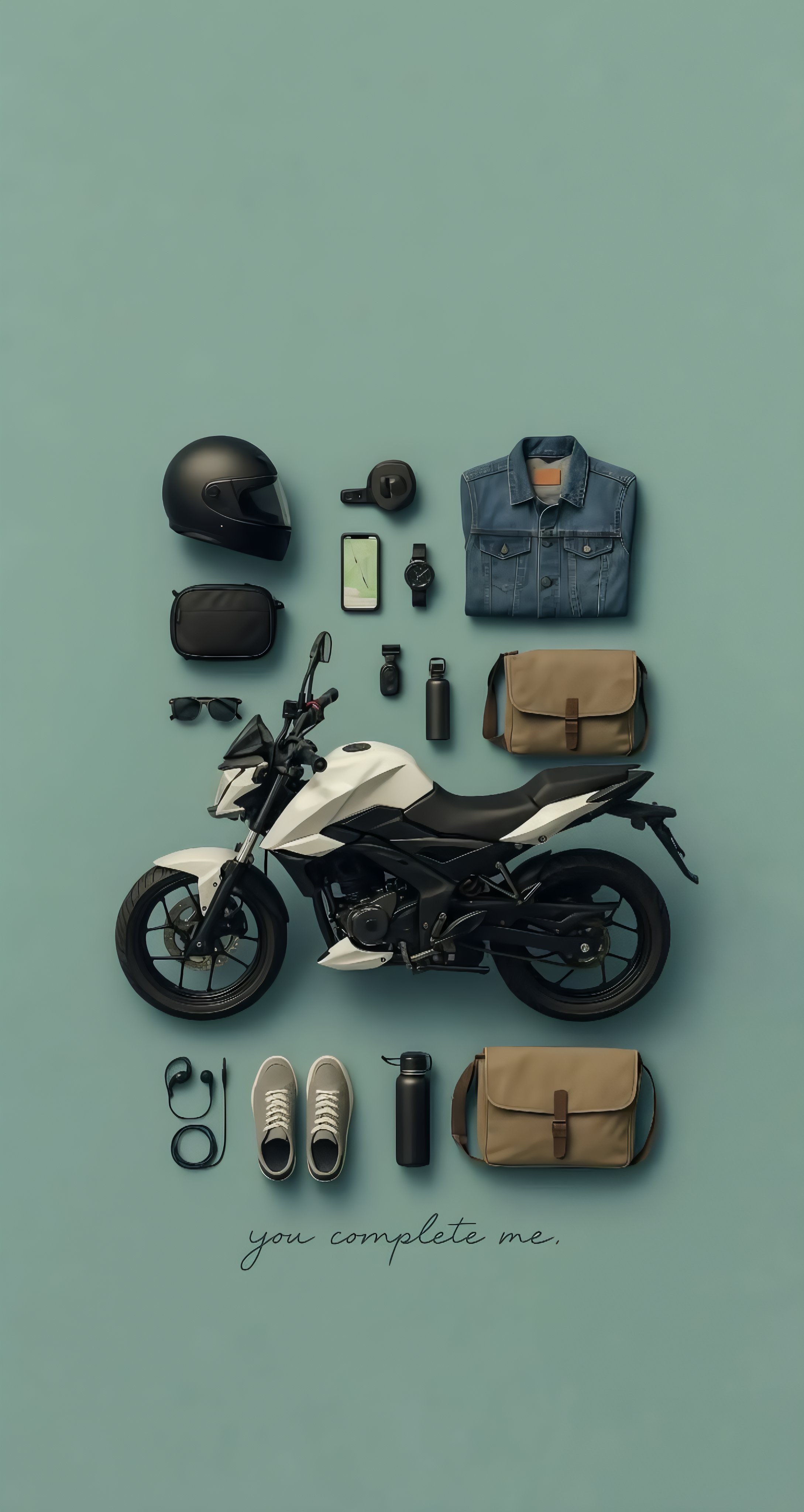 A minimalist flat lay photograph of a street motorcycle and urban rider gear