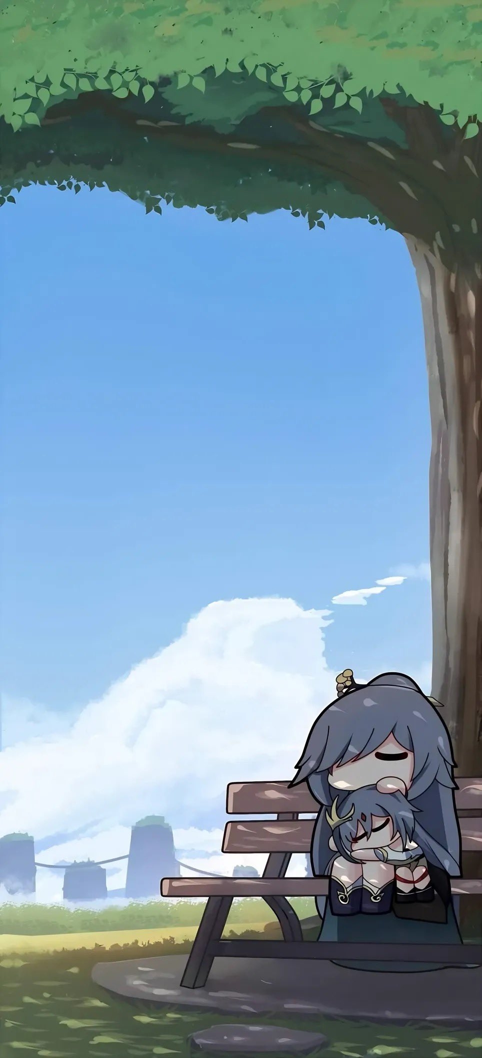 A classic-style girl and a small beast resting under a tree