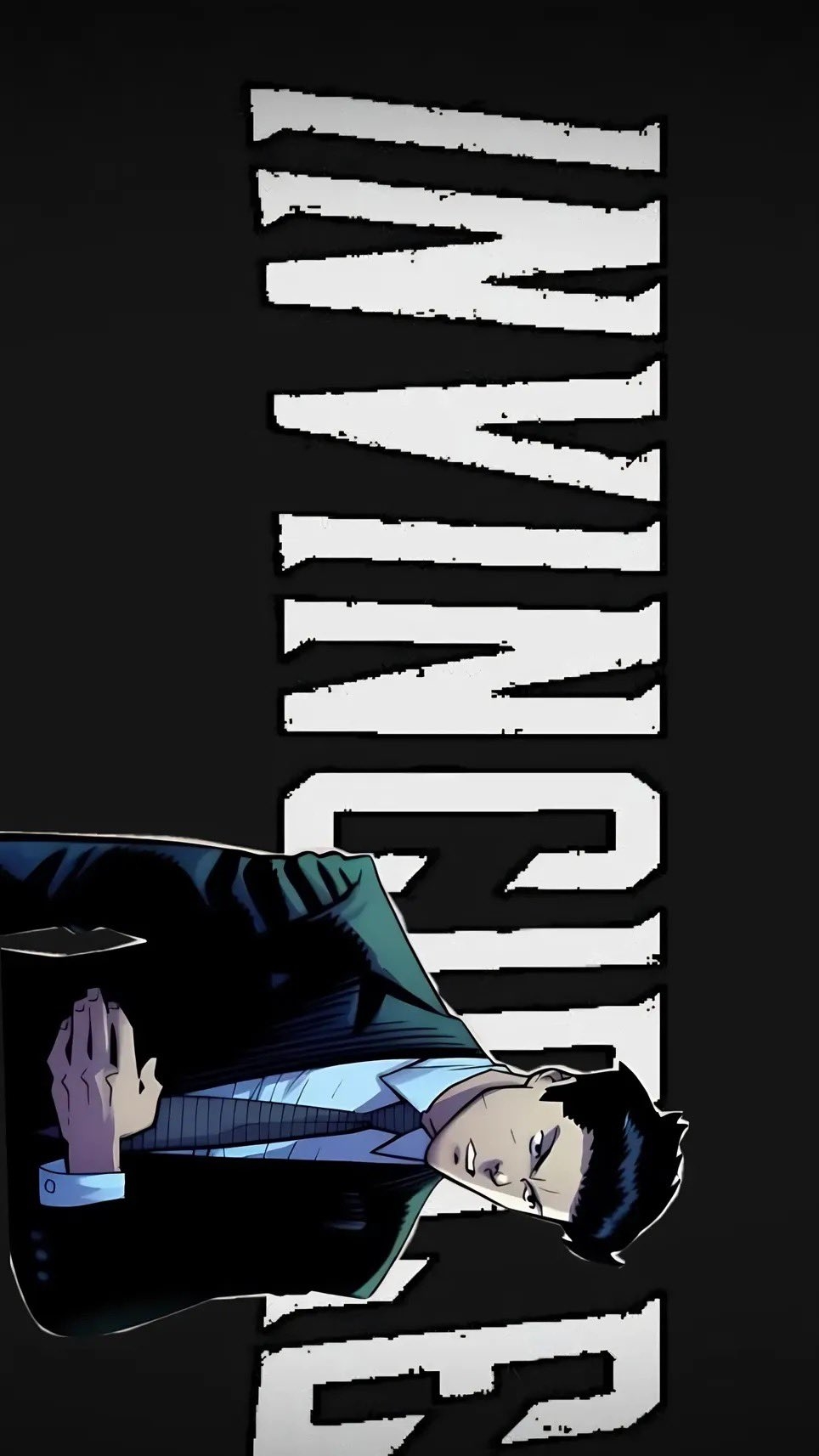 This is a horizontally-oriented comic-style illustration featuring a man in a formal suit against a deep black background with the word INVINCIBLE in large white letters