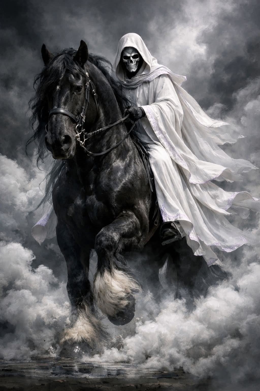 Una figura esquelética con túnicas blancas monta un caballo negro que surge de la niebla