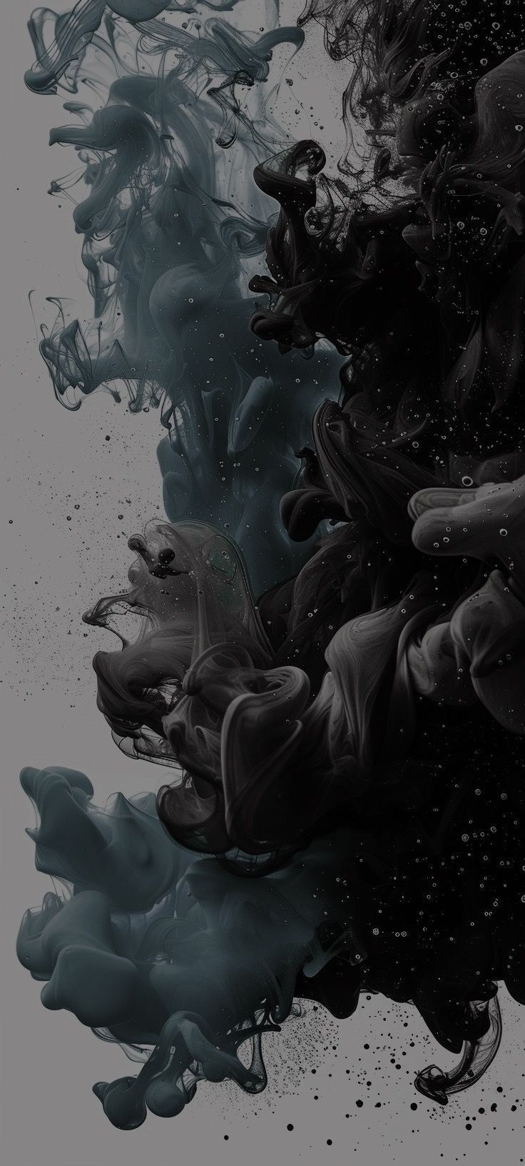 Abstract macro photography showcases the flowing form of black and deep gray ink in water