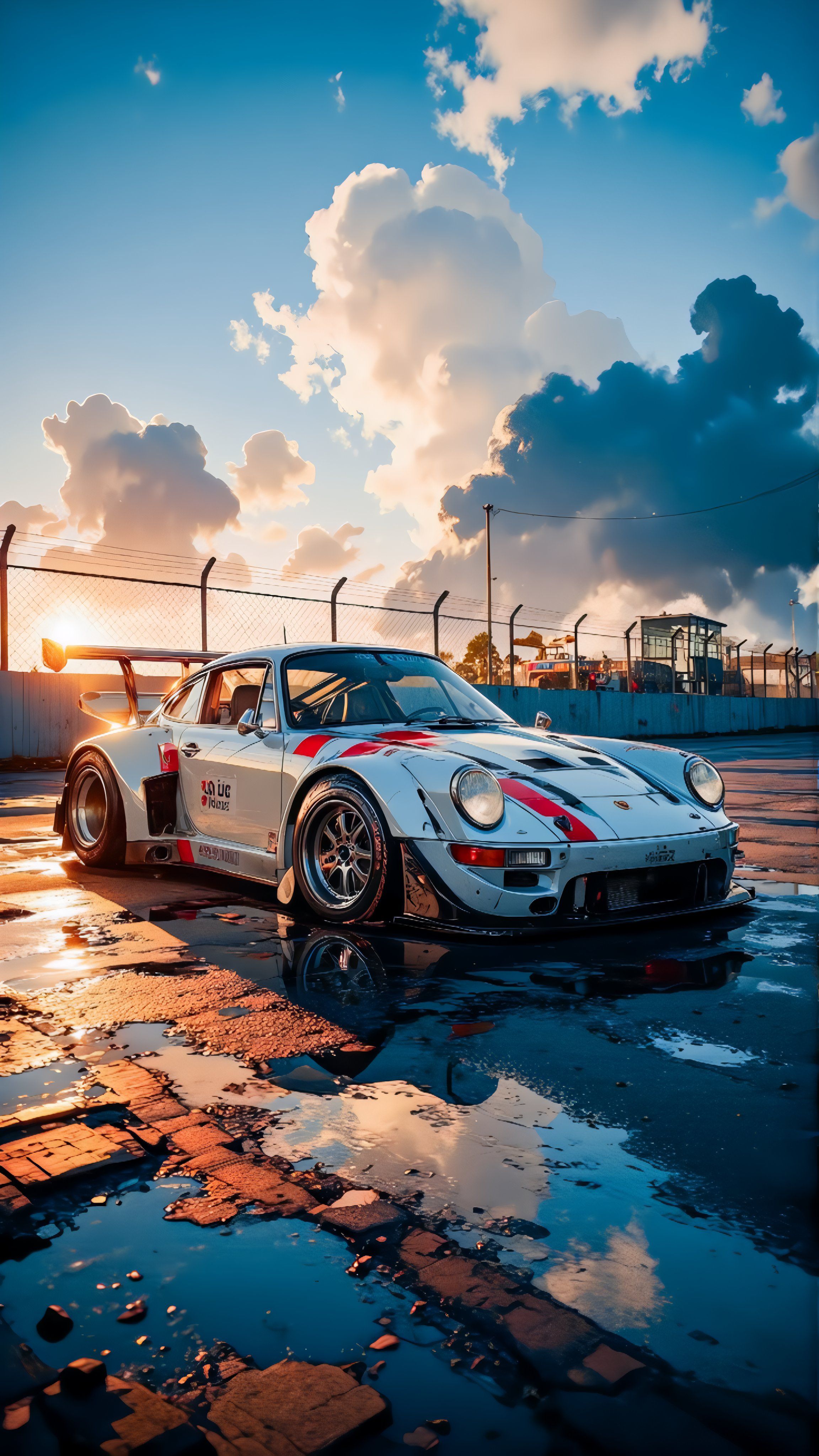 一輛 vintage 白色保時捷 911 RSR 停在裂縫瀝青上，車身帶有大膽紅色賽車條紋，反射出戲劇性的日落天空