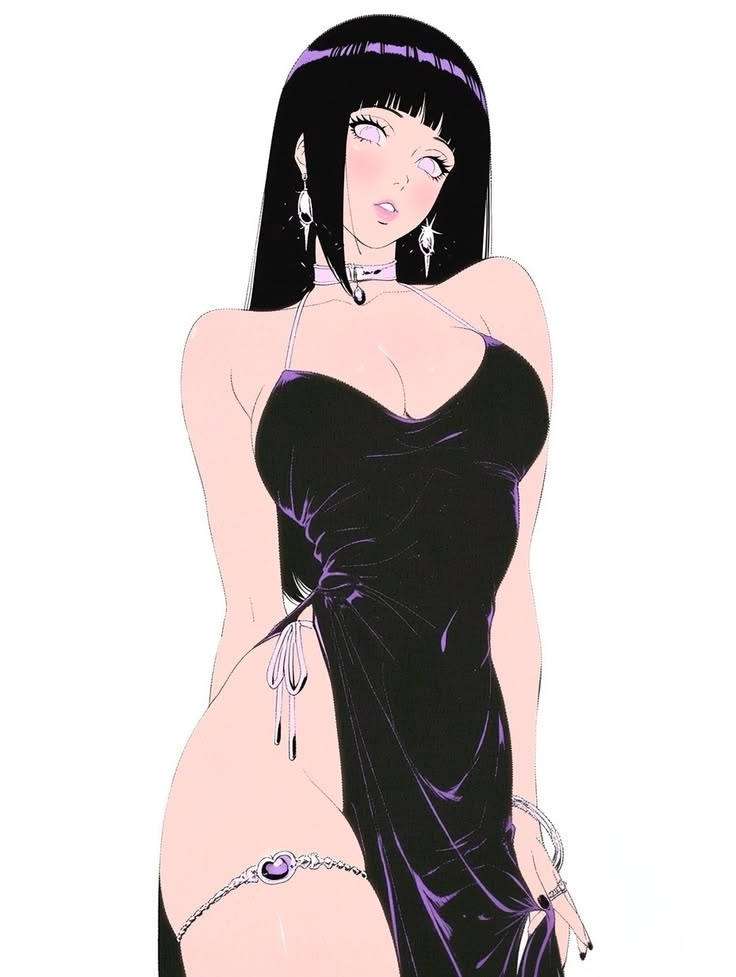 A woman with long black straight hair wearing a black spaghetti strap long dress
