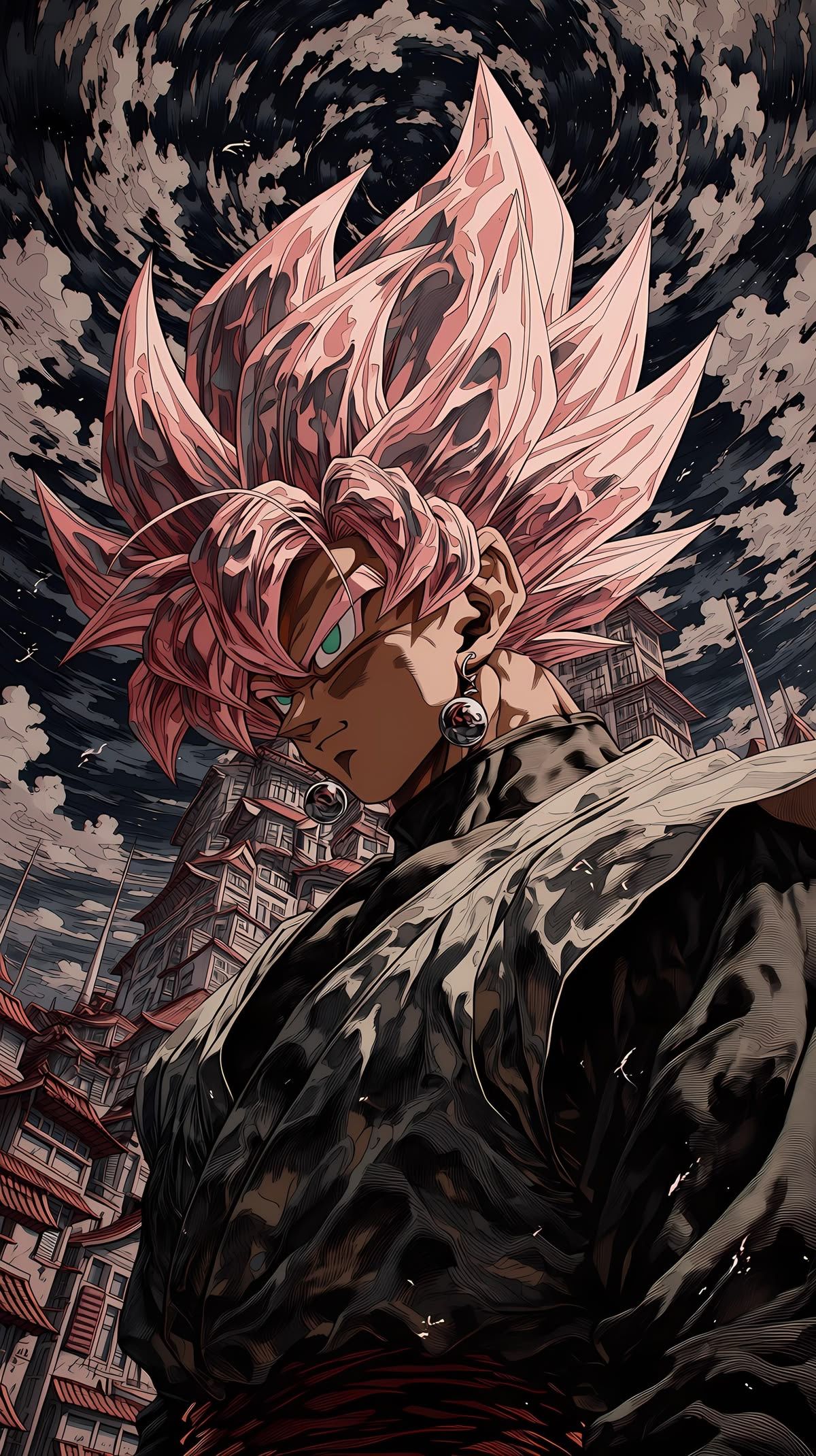 Goku Black steht vor einer zerstörten Stadt