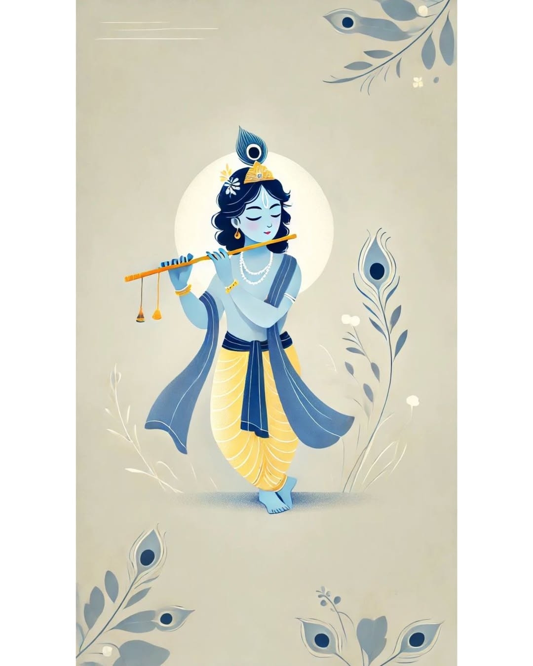 Fondo de pantalla de Krishna tocando la flauta rodeado de plumas de pavo real