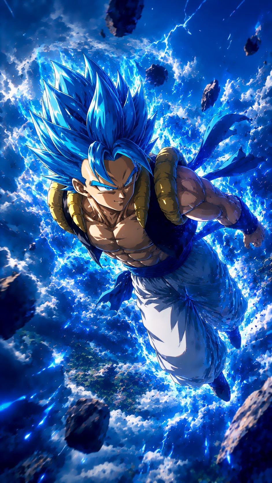 Vegito battles in an energy storm surrounded by fierce blue aura