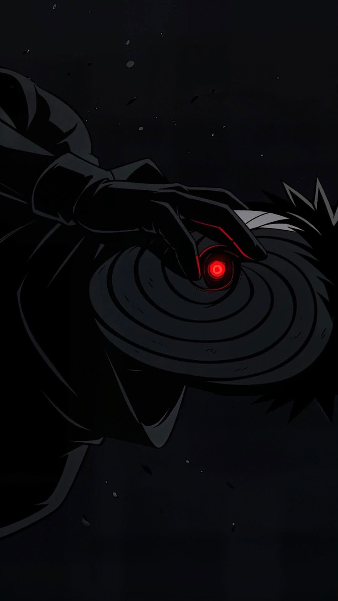 An abstract image featuring a glowing red orb surrounded by spiraling rings of dark gray and black