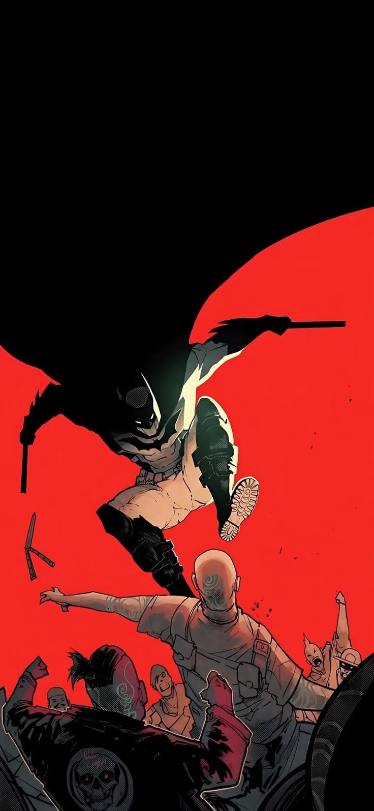 Batman em batalha com inimigos caídos exibe uma estética feroz de violência