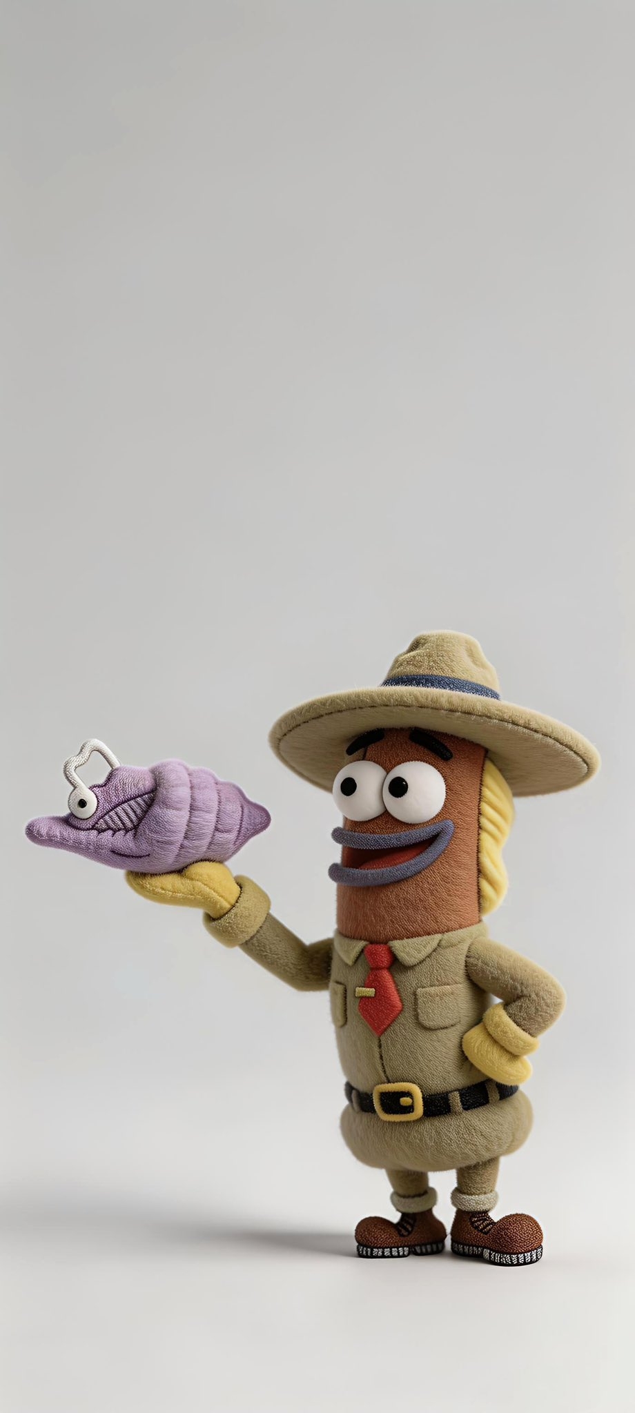 Brown plush explorer holding a purple shell