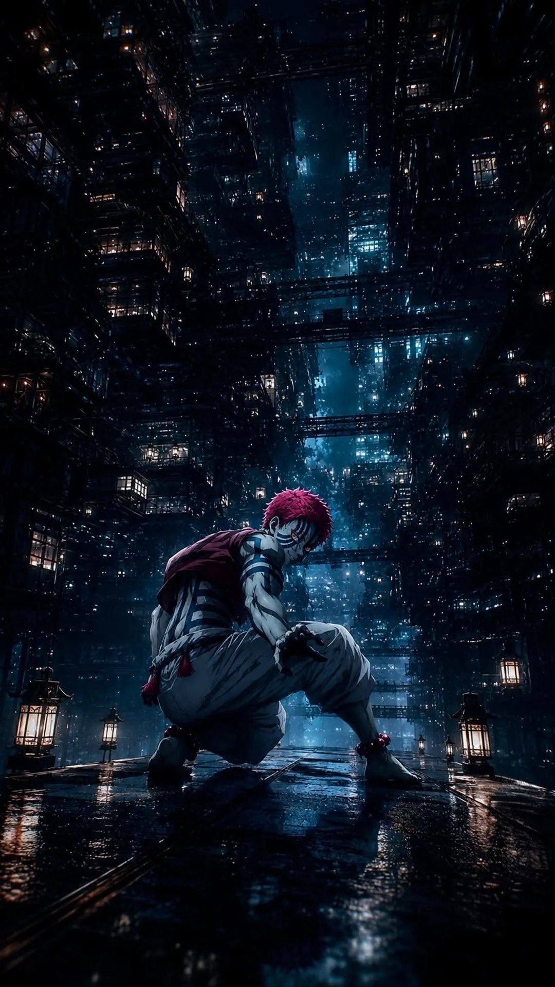 Uma figura de cabelo vermelho se kneels em uma cena de fantasia sombria cercada por arquitetura em labirinto contrastando com luzes quentes