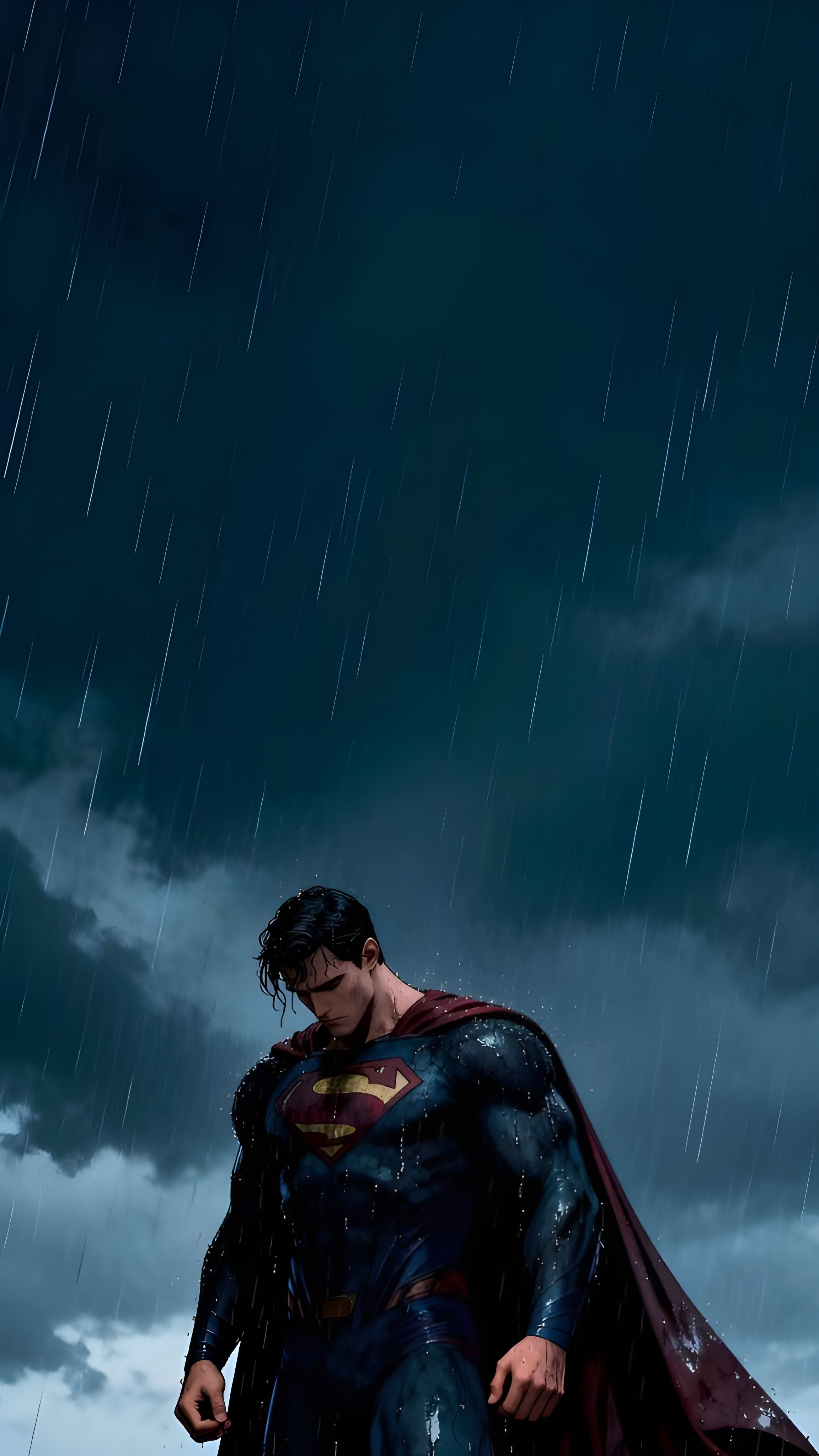 This is a high-definition phone wallpaper featuring Superman in the rain