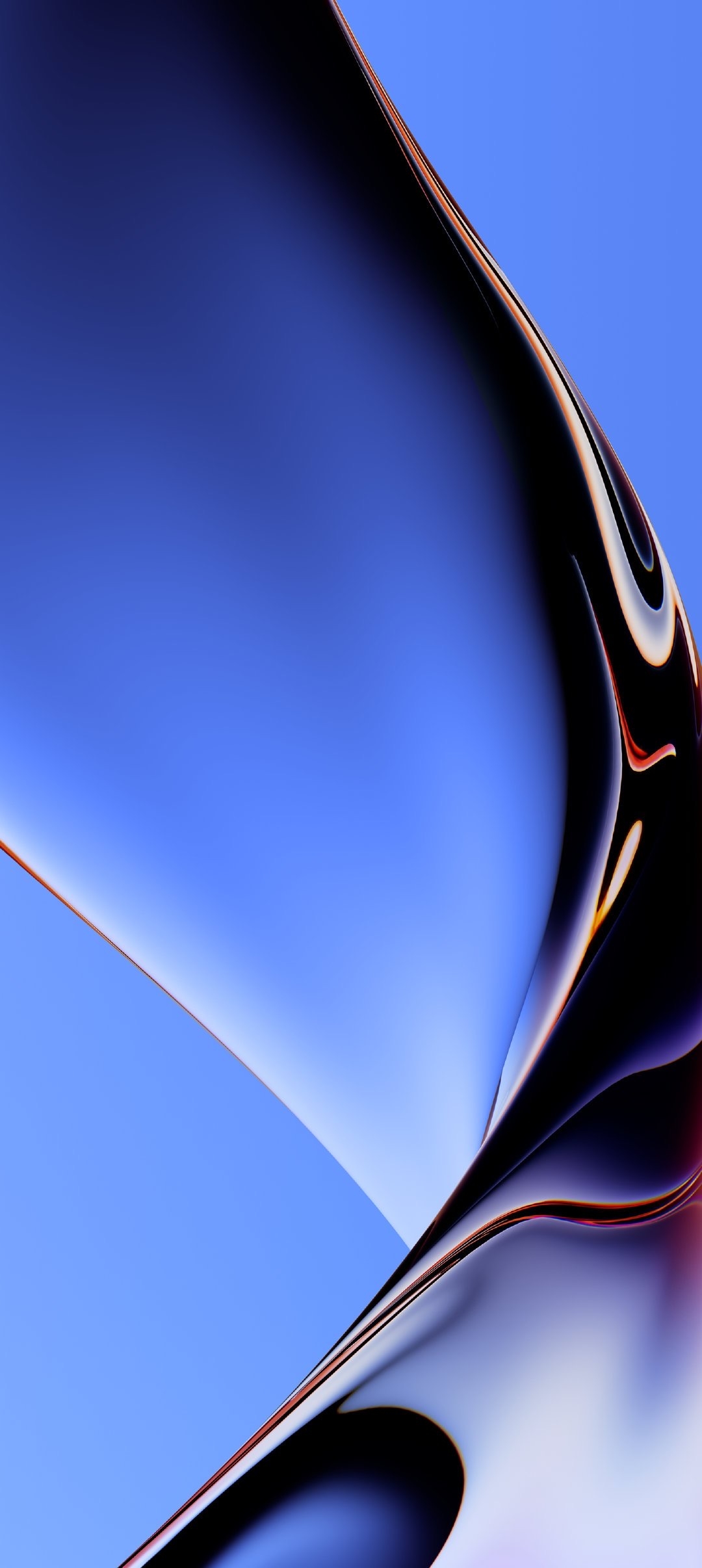This is a wallpaper featuring black fluid metal curves on a blue background
