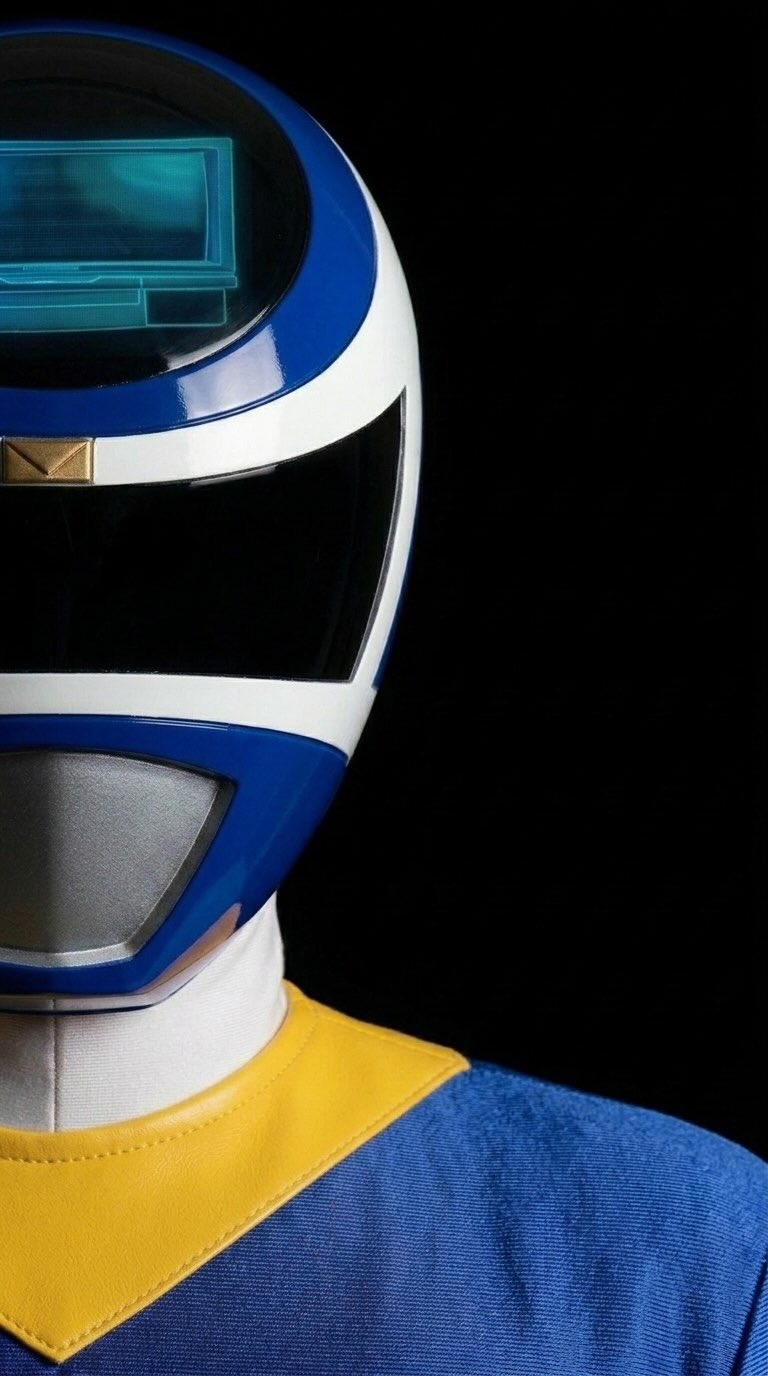 Close-up portrait of a blue and white Power Ranger