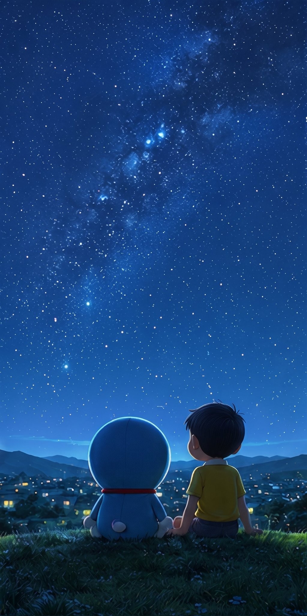 Doraemon and Nobita sit on summer night grass looking at the starry sky
