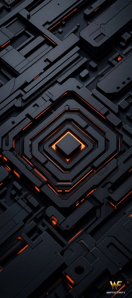 A dark futuristic 3D rendering of geometric nested square frames creating a deep tunnel-like perspective