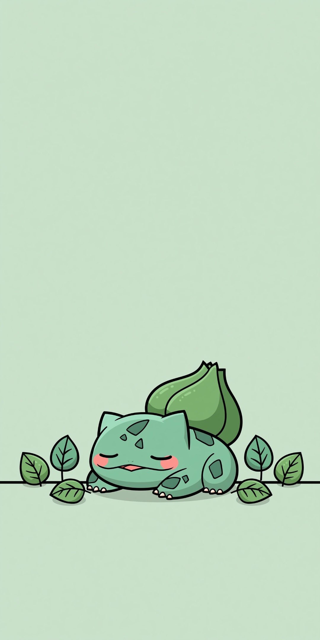 Chibi-Stil Bisasam von Pokémon liegt zufrieden auf einem blassgrünen Hintergrund
