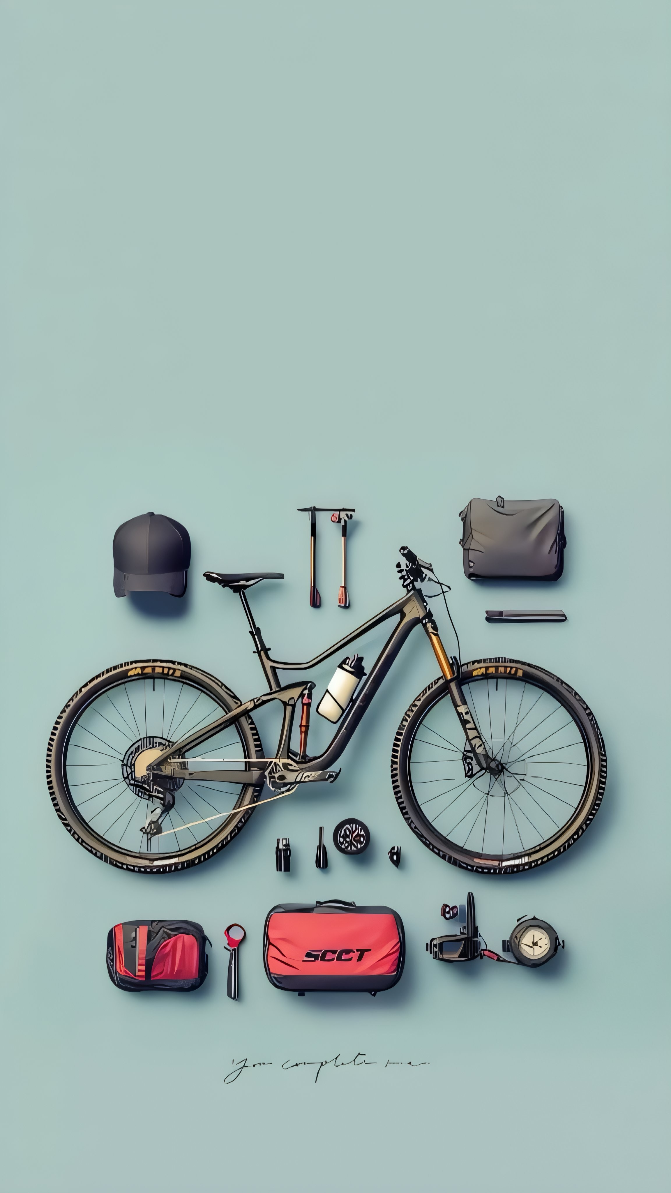Una fotografía de estilo minimalista de una bicicleta de montaña y accesorios de ciclismo