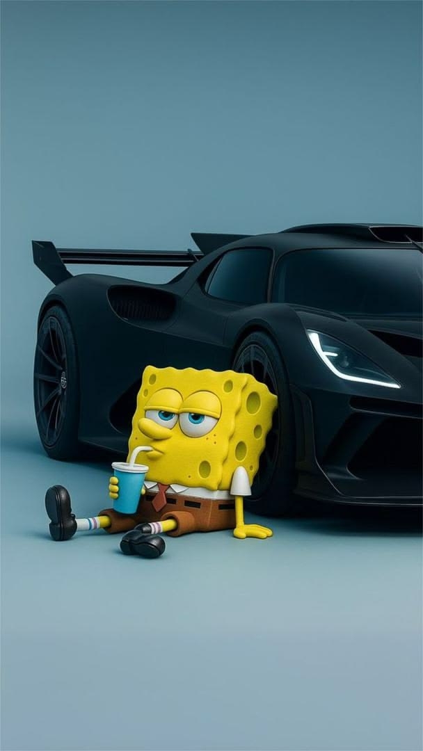 SpongeBob SquarePants sits bored next to a black sports car