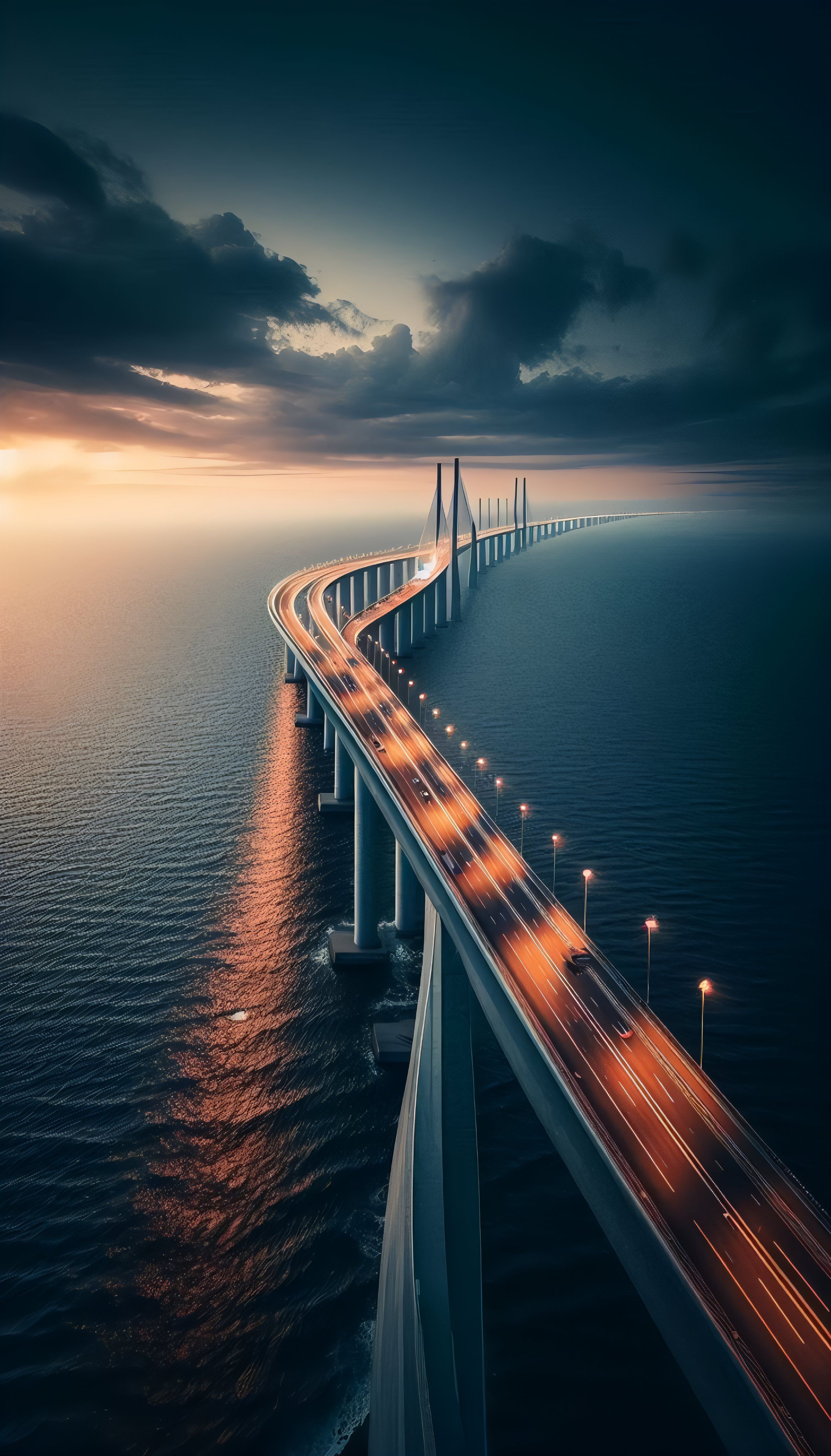 Esta fotografía contemporánea de paisaje tiene cualidades cinematográficas y presenta una composición diagonal que resalta el contraste entre la ingeniería humana y la vasta escala natural