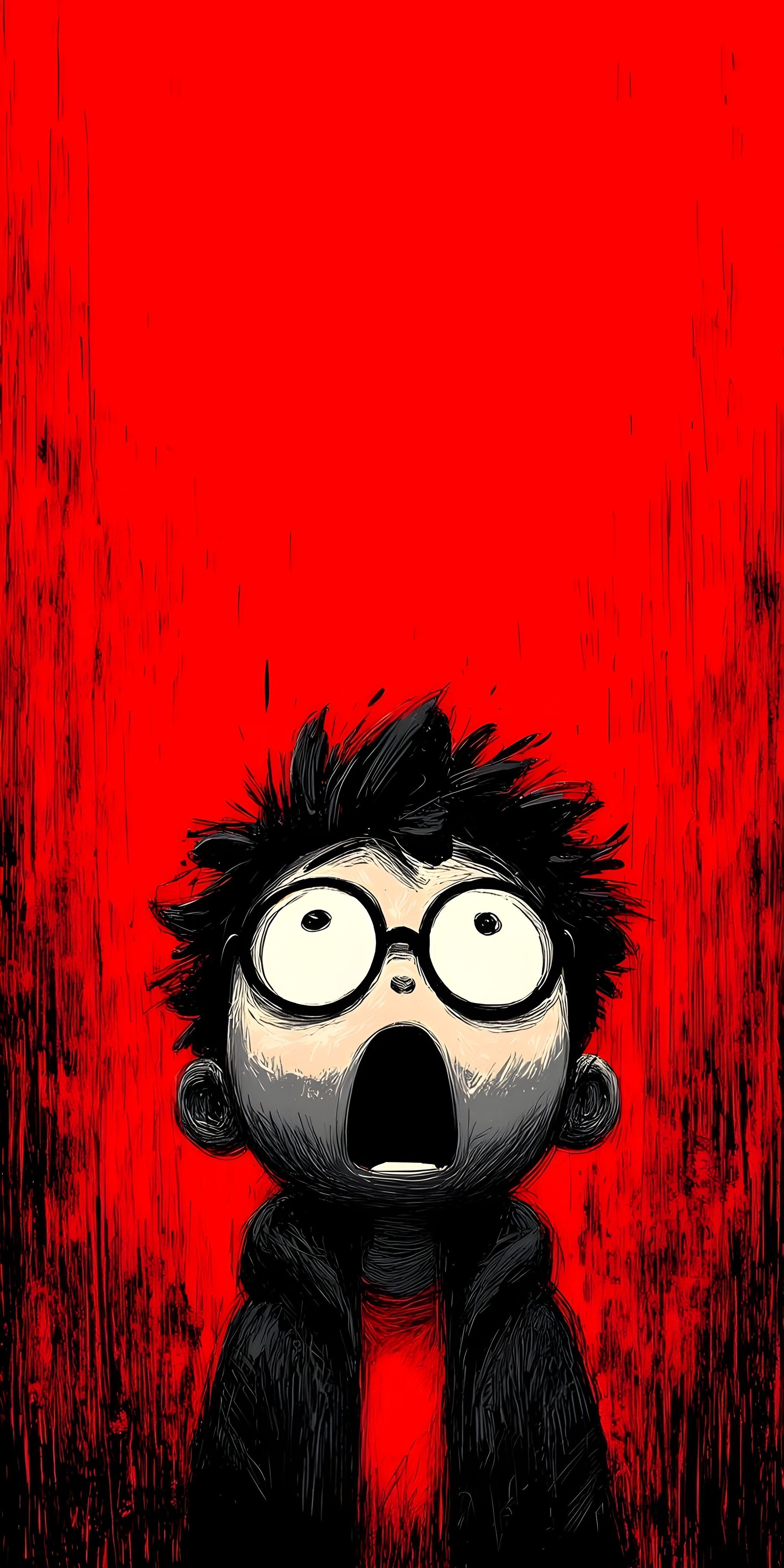 Une illustration d'un enfant choqué avec des cheveux noirs en désordre et de grandes lunettes