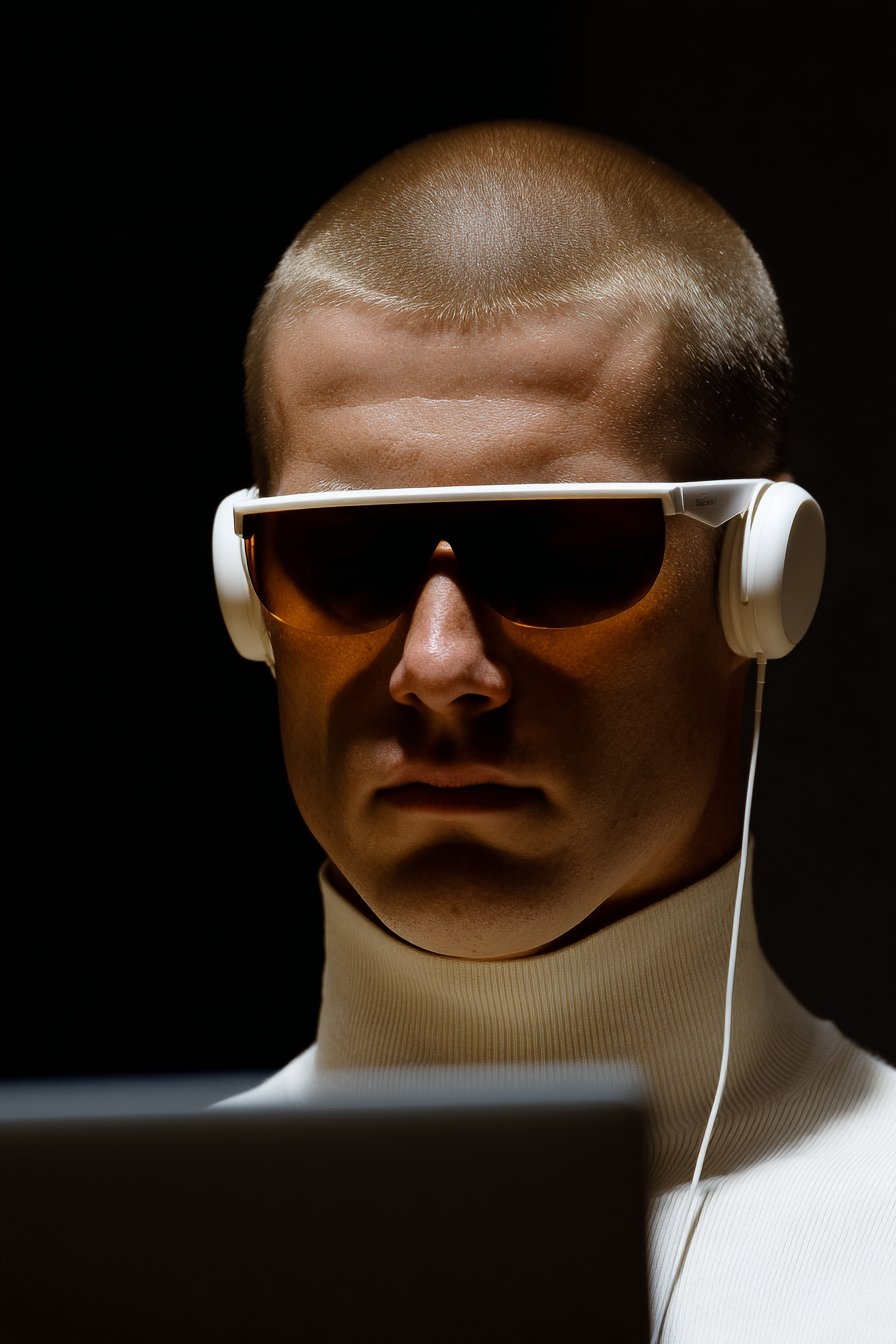 A person with a shaved head and white turtleneck showcases a retro-futuristic aesthetic