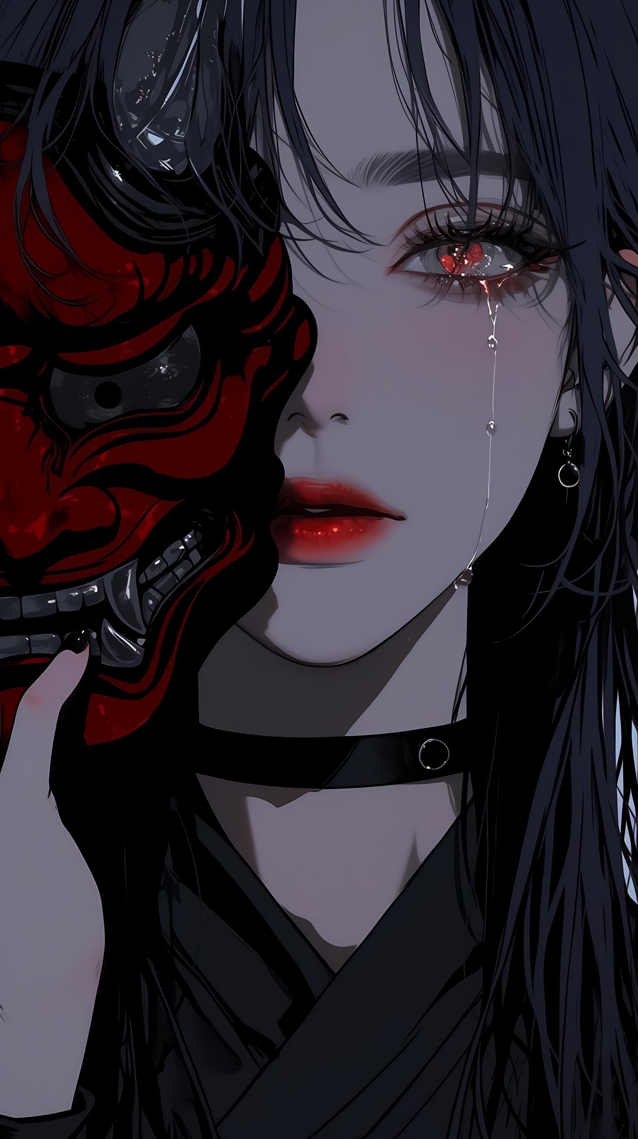 Fond d'écran de fille d'anime aux cheveux noirs et aux yeux rouges