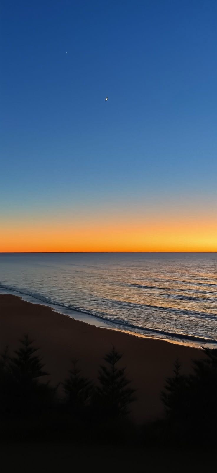 Es una fotografía de paisaje minimalista contemporáneo que presenta un cielo con un degradado de color característico de la hora azul