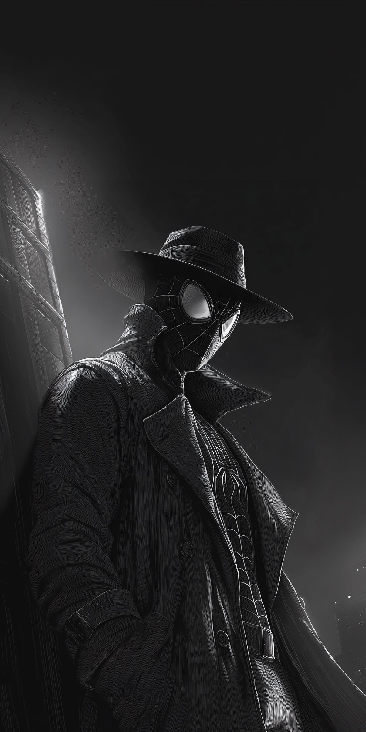 This is a wallpaper of Shadow Spider-Man in a trench coat and hat