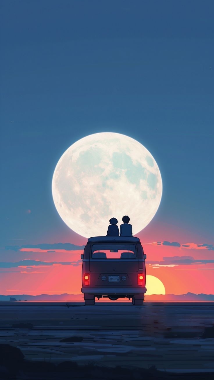 Una furgoneta retro mirando la luna llena sobre el lago salado al atardecer