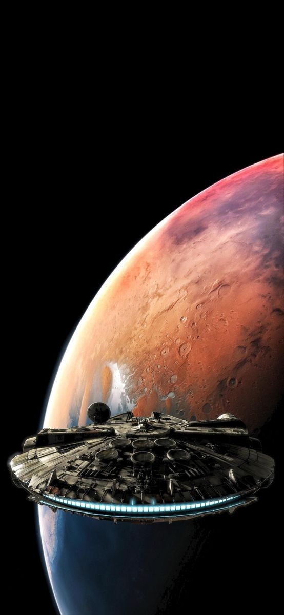An old large spaceship and a red planet harmonize in deep space