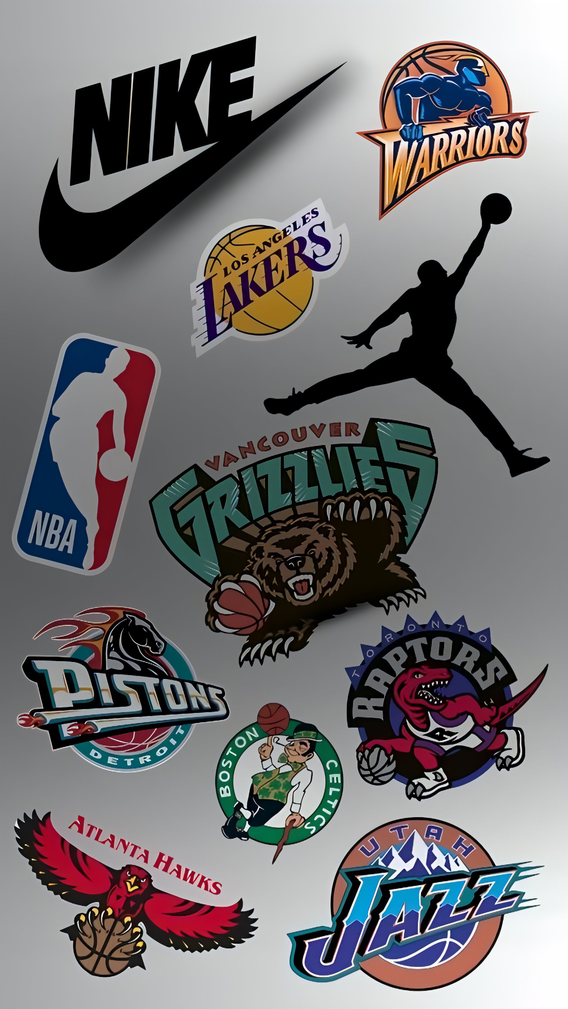 Il s'agit d'un collage de design graphique présentant des logos de marques sportives et d'équipes de basket-ball