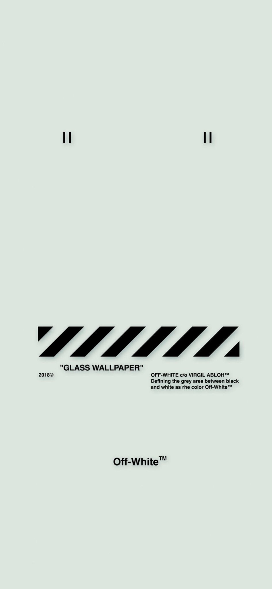 Minimal Off-White brand smartphone wallpaper with light gray-green background and black stripe logo