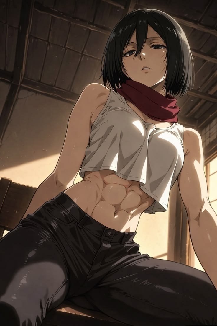 Ein Wallpaper, das Mikasa Ackermans muskulöse Bauchmuskeln und Charisma zeigt