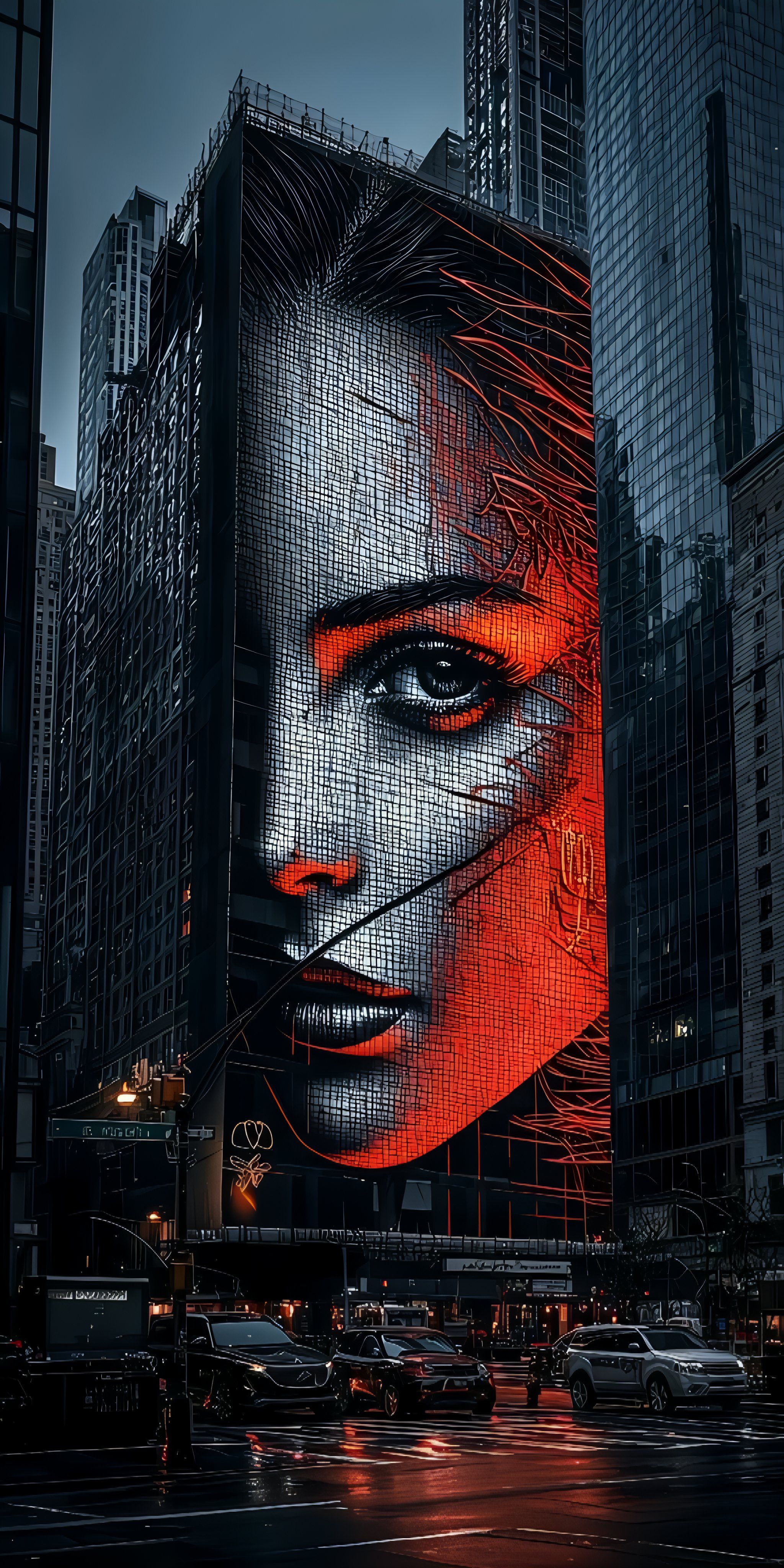 This image showcases a fusion of urban photography and digital art in a cyberpunk and neo-noir aesthetic