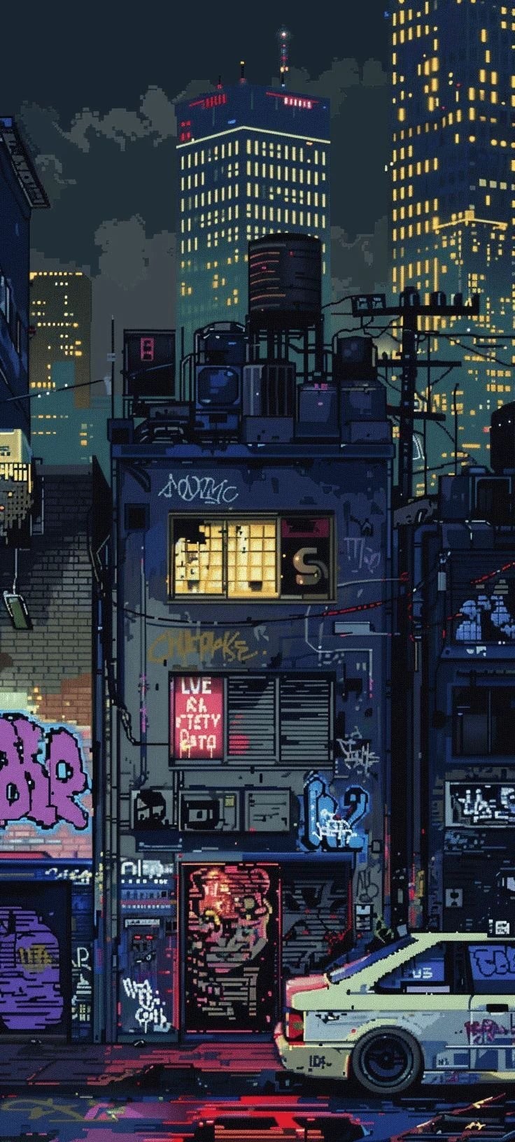 Scène de ville en pixel art la nuit, un alley urbain délabré couvert de graffitis néon