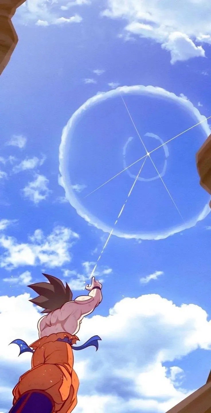 Goku gathering a spirit bomb under a blue sky