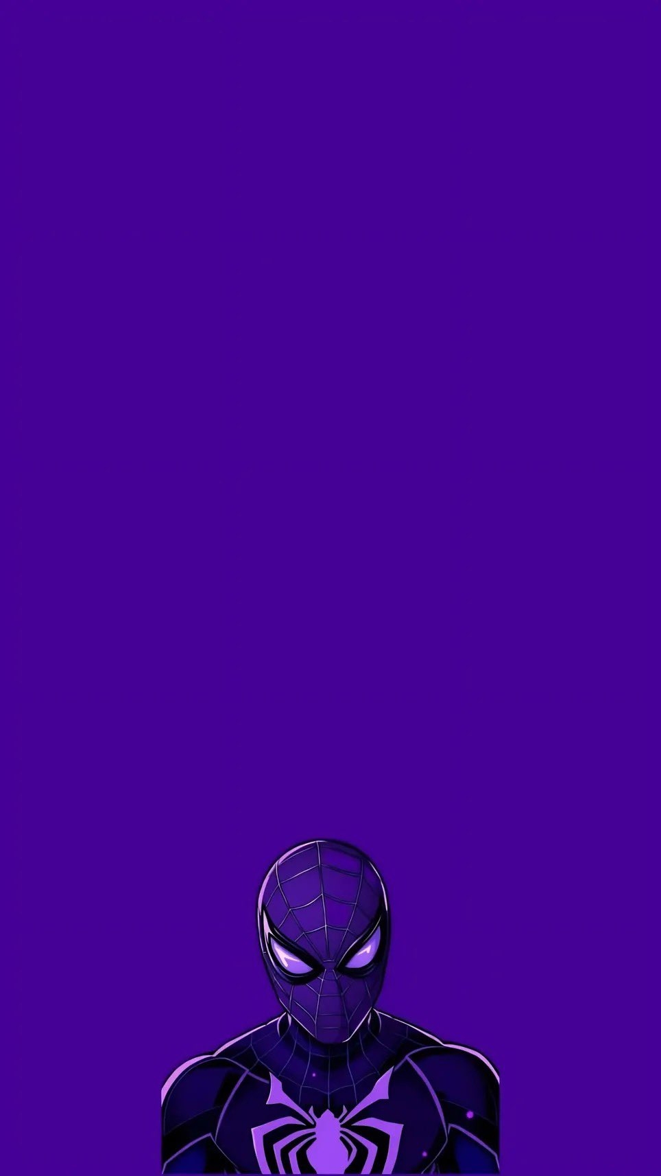 Dramatic illustration of Spider-Man's upper torso and head against a purple background
