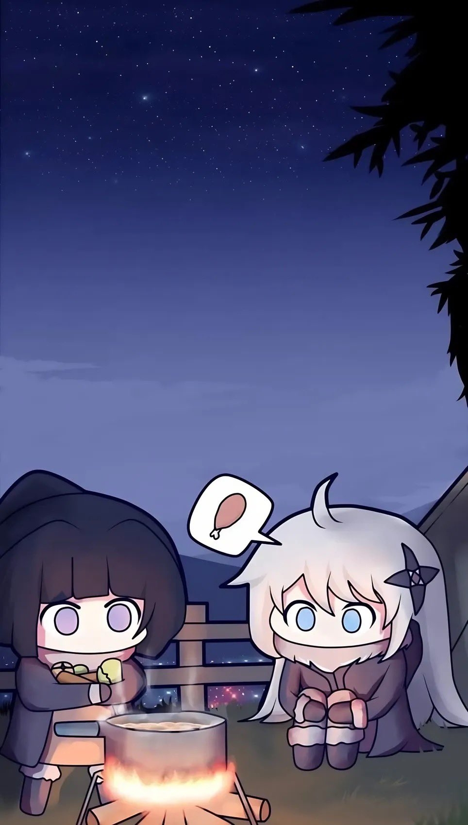 Two cute girls camping and having a picnic under the starry sky