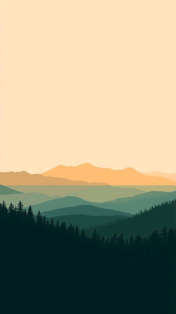 The illustration features layered mountain silhouettes with dense evergreen forests, transitioning from deep teal to warm peach and golden-orange, emphasizing serene depth and minimalist beauty