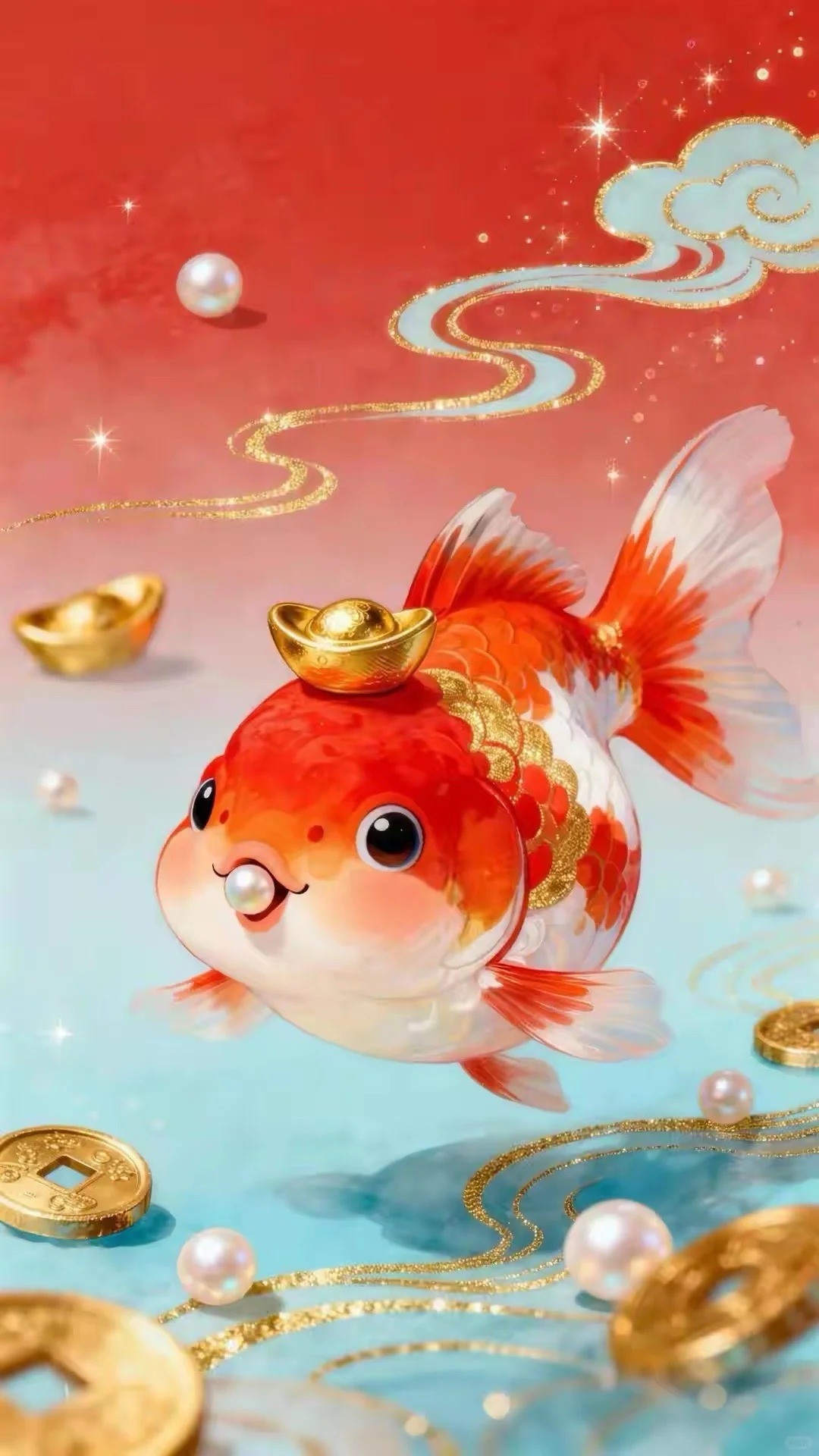 Un pez dorado en versión Q con un oro en la cabeza y una perla en la boca, muy adorable